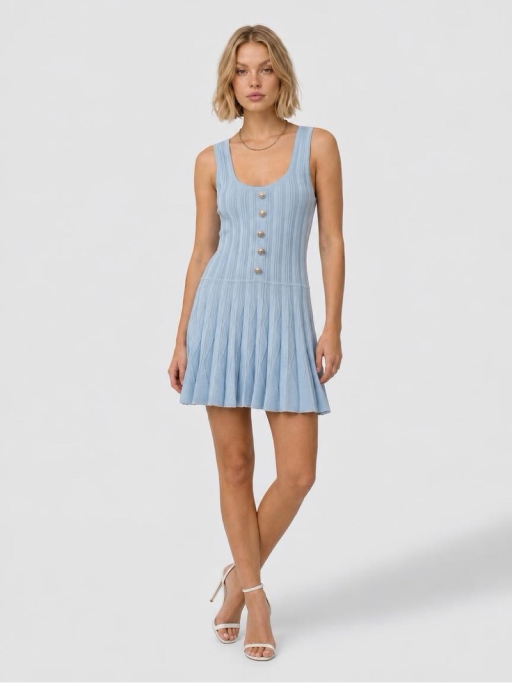 Milly Light Blue Ribbed Knit Mini Dress with Front Buttons